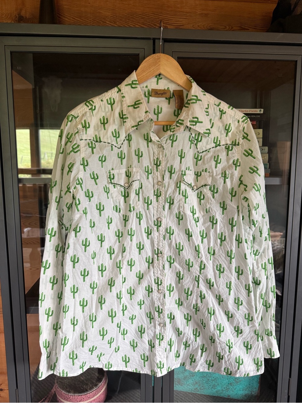 Wrangler White Shirt with Green Cactus Print
